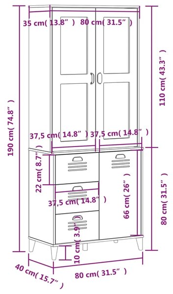 Visoka komoda VIKEN antracit siva 80x40x190 cm masivna borovina - Antracit siva