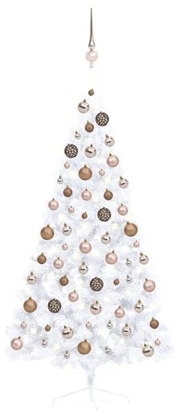 Umjetna osvijetljena polovica božićnog drvca bijela 150 cm - Bijela 150 cm with 60 rose gold balls