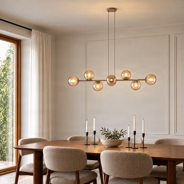 EMIBIG LIGHTING Rossi viseća svjetiljka, bež, duljina 130 cm, 8 svjetiljki, staklo/metal, prigušiva, Bež, Dnevni boravak/blagovaonica, Staklo, Metak