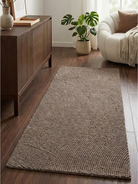 Smeđe-siva ručno rađena vunena staza 80x300 cm Calmio – Hanse Home