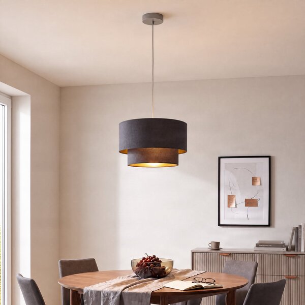 Duolla Boho viseća lampa, siva/zlatna, Ø 45 cm, tkanina, E27, Sivo, spavaća soba, Tkanina / tekstil