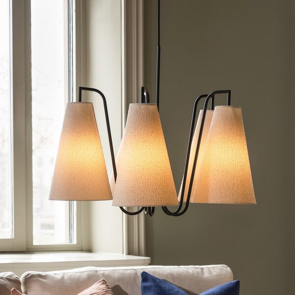 Globen Lighting Lou 5 viseća svjetiljka, bijeli bouclé/crni tkani materijal, prigušiva, Bijela, Dnevni boravak/blagovaonica, Tkanina / tekstil