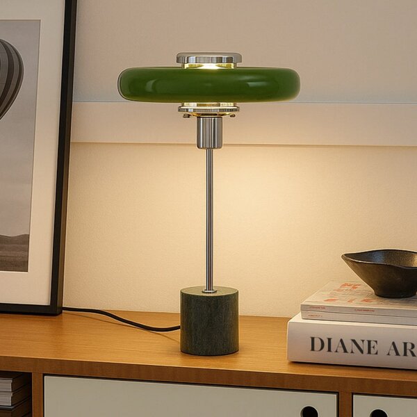 Lindby Branford stolna lampa, retro, zelena, metal/mramor, Zelena, Dnevni boravak/blagovaonica, Metal
