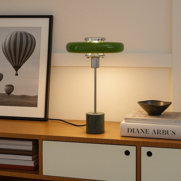 Lindby Branford stolna lampa, retro, zelena, metal/mramor, Zelena, Dnevni boravak/blagovaonica, Metal