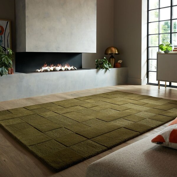 Kaki zeleni ručno rađen vunen tepih 120x170 cm Checkerboard – Flair Rugs
