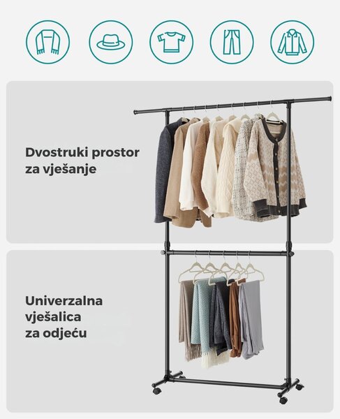 Stalak za odjeću na dvije razine JASON, 101-165x49x113-180cm, crna SongmicsHome