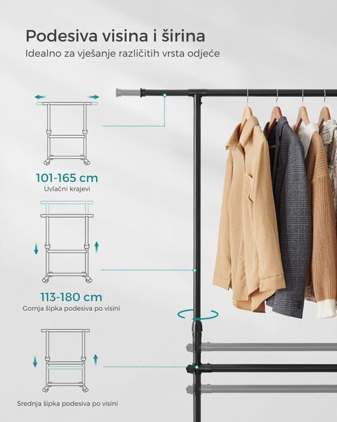 Stalak za odjeću na dvije razine JASON, 101-165x49x113-180cm, crna SongmicsHome