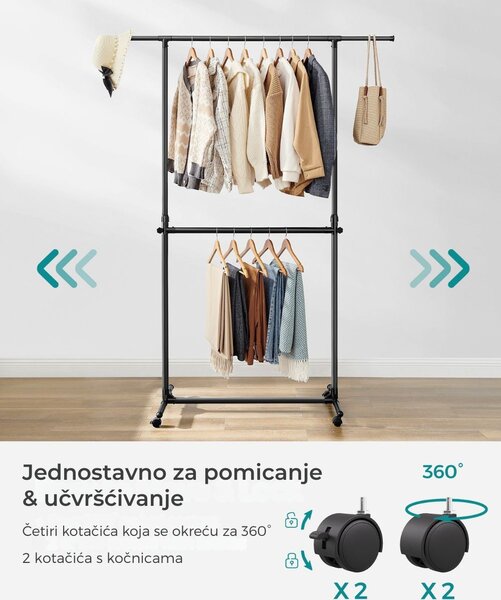Stalak za odjeću na dvije razine JASON, 101-165x49x113-180cm, crna SongmicsHome