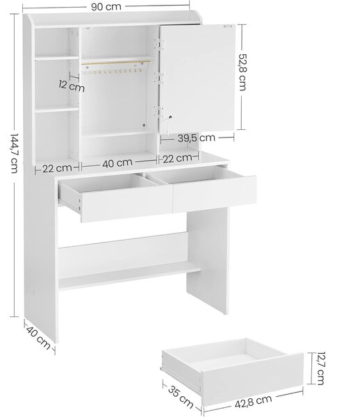 Toaletni stol s podesivim LED osvjetljenjem, 40 x 90 x 144.7 cm, bijeli | VASAGLE