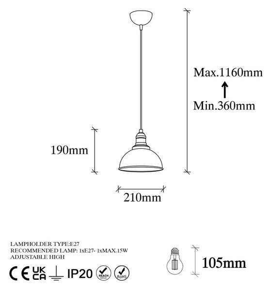 Crna viseća svjetiljka s metalnim sjenilom ø 21 cm Varzan – Opviq lights