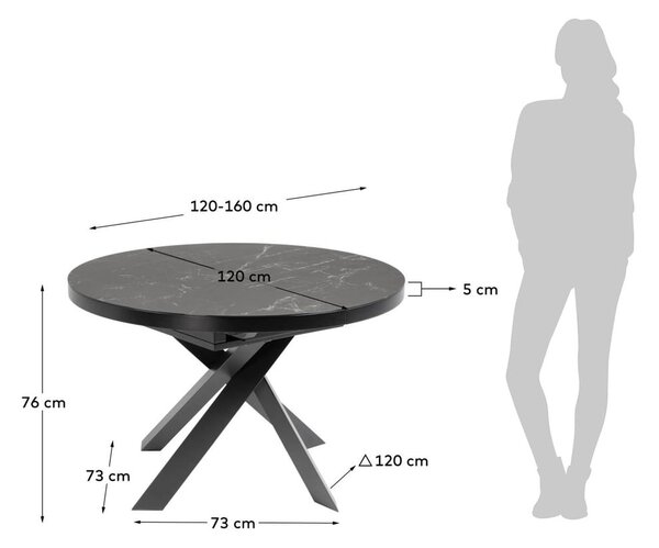 Crni okrugli proširiv blagovaonski stol s keramičkom daskom ø 160 cm Vashti – Kave Home