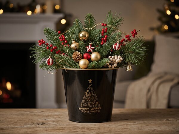 Božićna posuda za cvijeće SEASONS GREETINGS 30 cm, crna / zlatna