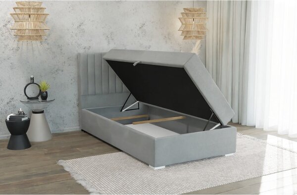 Svijetlo sivi tapecirani krevet s prostorom za pohranu s podnicom 100x200 cm Bunny – Ropez