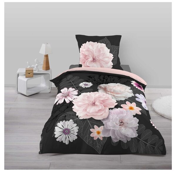 Crna/ružičasta pamučna posteljina za krevet za jednu osobu 140x200 cm Floral – douceur d'intérieur