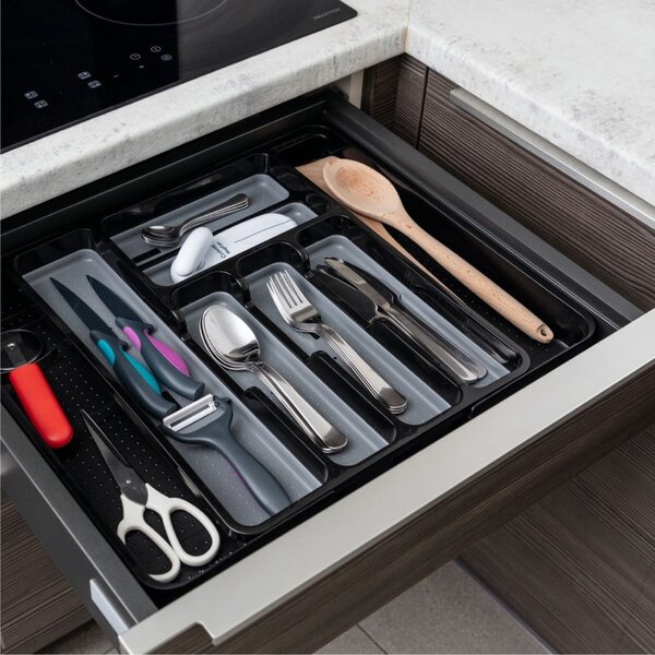 Crno-sivi rastezljivi plastični organizator pribora za ladicu 41,5 x 35 cm - Addis