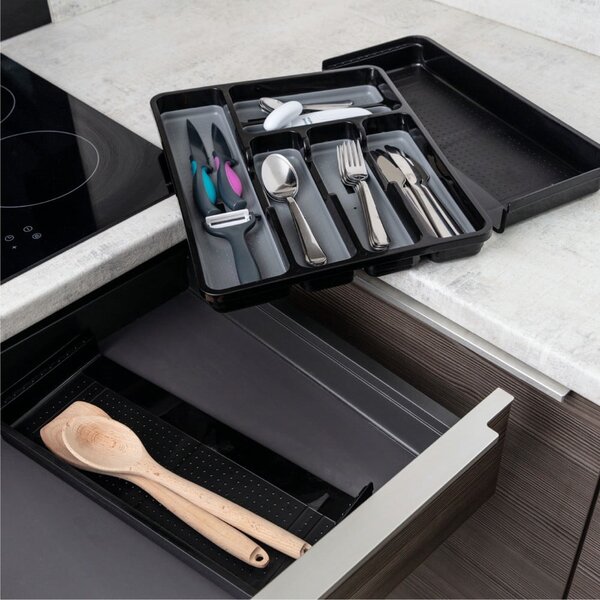 Crno-sivi rastezljivi plastični organizator pribora za ladicu 41,5 x 35 cm - Addis