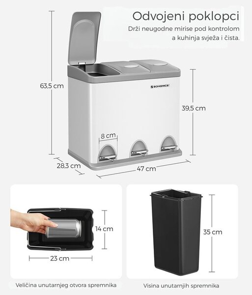 Kanta za odvajanje otpada SORT, 24 l (3x8 l), siva/bijela SongmicsHome