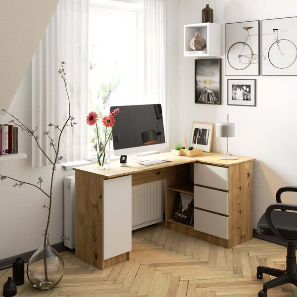 Kutni PC stolić Bevin (hrast artisan + bijela) (D)