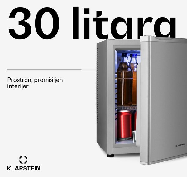 Klarstein Happy Hour 30, minibar, 30 L, 5 - 15 ° C, energetska klasa G, tihi rad, 25 dB, LED svjetlo, srebrni
