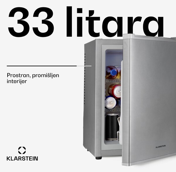 Klarstein Happy Hour 33, minibar, 33 L, 5 - 15 ° C, energetska klasa G, tihi rad, 25 dB, LED svjetlo, srebrni