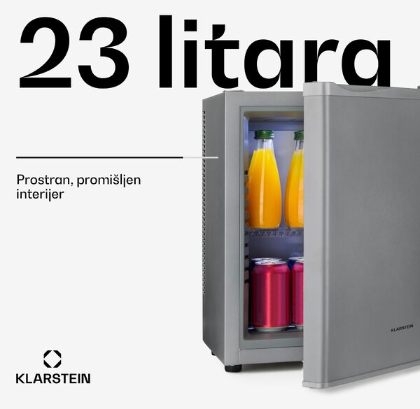 Klarstein Happy Hour 23, minibar, 23 L, 5 - 15 ° C, energetska klasa G, tihi rad, 23 dB, LED svjetlo, srebrni
