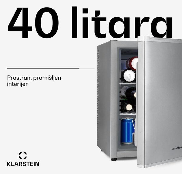 Klarstein Happy Hour 40, minibar, 40 L, 5 - 15 ° C, tihi rad, 23 dB, LED svjetlo, srebrni