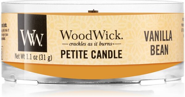 Woodwick Vanilla Bean mala mirisna svijeća bez staklene posude s drvenim fitiljem 31 g
