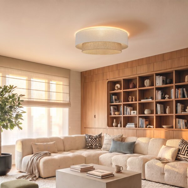 Duolla Boho stropna lampa, bež/jut, Ø 80 cm, tkanina, E27, Bež, Područje hodnika, Tkanina / tekstil