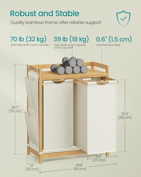 Košara za rublje s 2 pregrade, kapacitet 100l, 63 x 33 x 78 cm, krem bijela