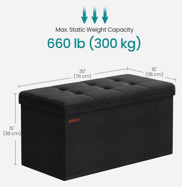 SONGMICS tabure za pohranu, sklopiva klupa, 38×76×38 cm, crna
