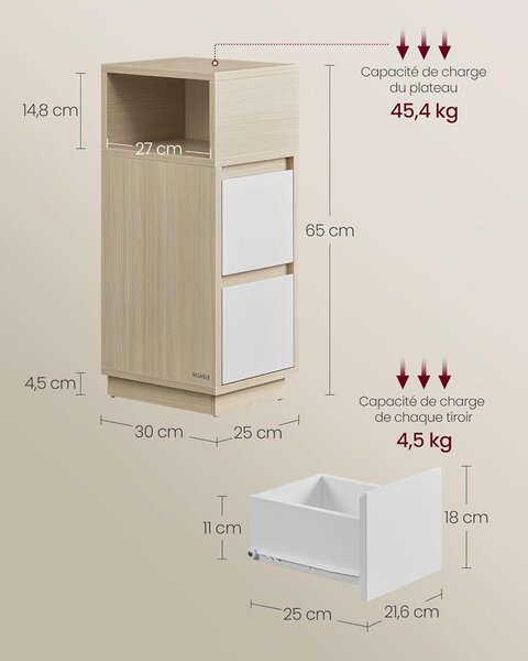 Noćni ormarić s 2 ladice, 30 x 25 x 65 cm, bež i bijele boje | VASAGLE
