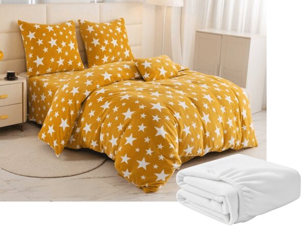 Set posteljine mikropliš STARS žuto-narančaste + plahta od mikropliša SOFT 180x200 cm bijela, za bračni krevet