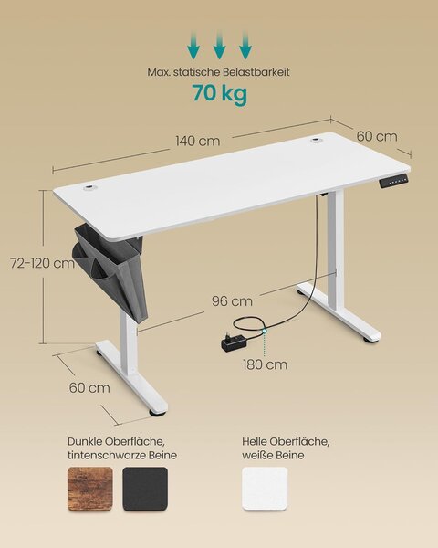 Električni stol podesive visine, 60 x 140 x 72–120 cm, bijeli | SONGMICS