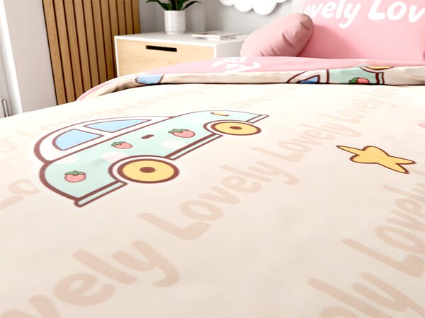 Pamučna posteljina za krevetic AUTA LOVELY ružičasta
