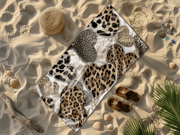 Brzosušeći plažni ručnik LEOPARD SRCA smeđe-bijeli 70 x 140 cm, 100% mikrovlakana