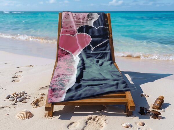 Brzosušeći plažni ručnik SEA OF HEARTS ružičasto-crna 70 x 140 cm, 100% mikrovlakana
