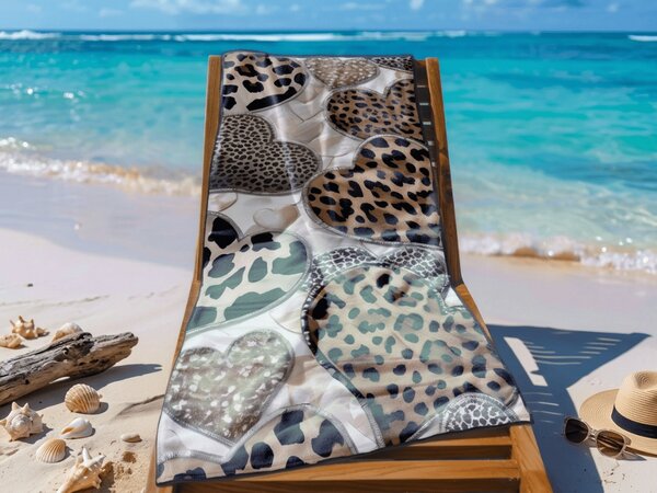 Brzosušeći plažni ručnik LEOPARD SRCA smeđe-bijeli 70 x 140 cm, 100% mikrovlakana