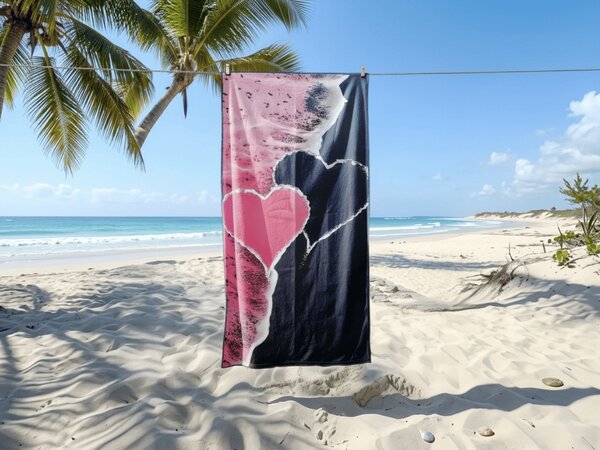 Brzosušeći plažni ručnik SEA OF HEARTS ružičasto-crna 70 x 140 cm, 100% mikrovlakana