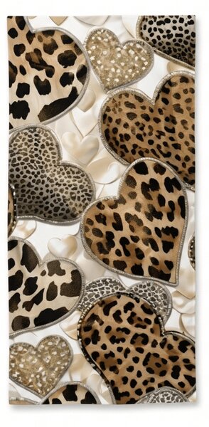 Brzosušeći plažni ručnik LEOPARD SRCA smeđe-bijeli 70 x 140 cm, 100% mikrovlakana