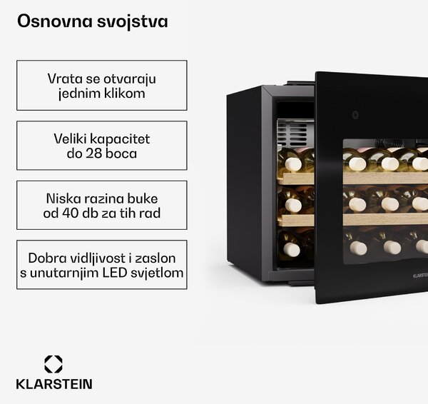 Klarstein Rhone 28 Uno hladnjak za vino, 28 boca, LED kontrola, pritiskom na otvaranje, tihi