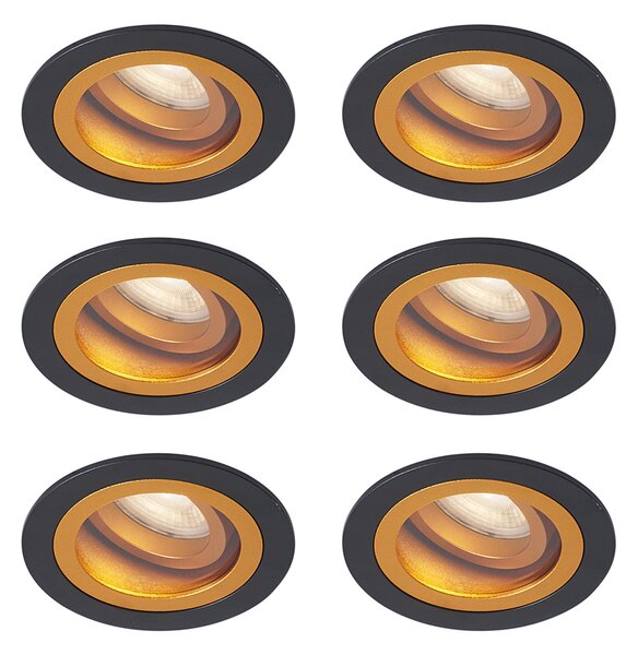 Set od 6 modernih ugradbenih reflektora crni sa zlatnim rotirajućim i nagibnim IP44 - Chuck