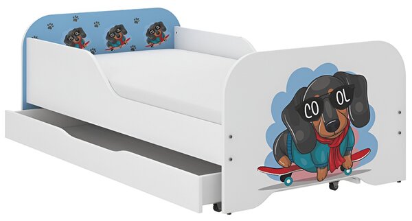 Kompletan dječji krevet 140 x 70 cm s madracem i rešetkom - plavi jazavčar