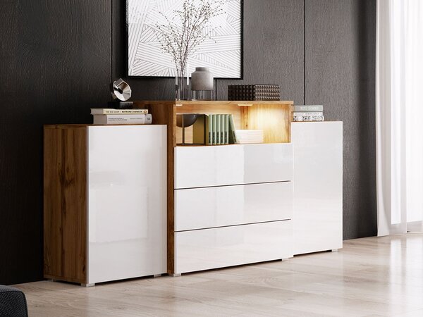 Kombinirana komoda Freya III (wotan + bijeli sjaj) (bijela LED rasvjeta)