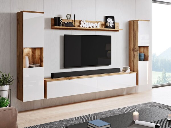 Set za dnevni boravak Nova XL (hrast wotan + bijeli sjaj) (bijela LED rasvjeta)