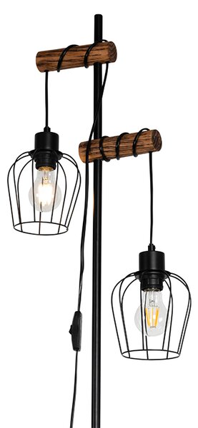 Rustikalna podna lampa crna s drvom 2-svjetla - Stronk