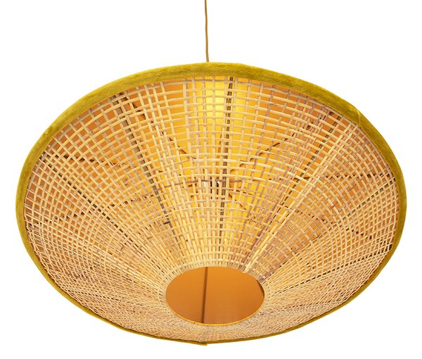 Rustikalna viseća svjetiljka žuti baršun s ratanom 60 cm - Frills Can