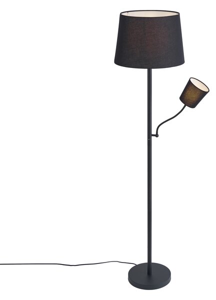 Klasična podna lampa crna s crnim sjenilom i lampom za čitanje - Retro