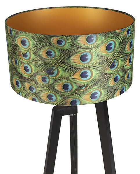 Podna lampa tronožac crna s abažurom s dizajnom pauna 50 cm - Puros