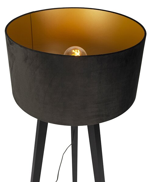Podna lampa tronožac crni drvo s crnom sjenilom 50 cm - Puros