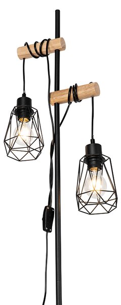 Rustikalna podna lampa crna s drvom 2-svjetla s nijansom - Dami Frame